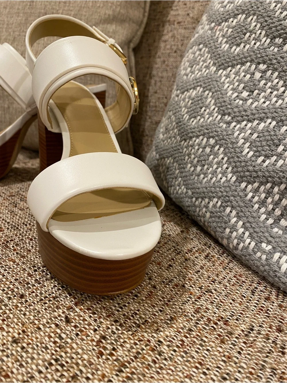 Michael Kors White Platform Block Heel Sandals with Brown Wood-Look Sole